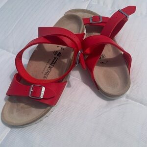 Birkenstock "Yara Samira" Style RED Ankle Strap Sandals Sz 40 Cork Footbed NWOT